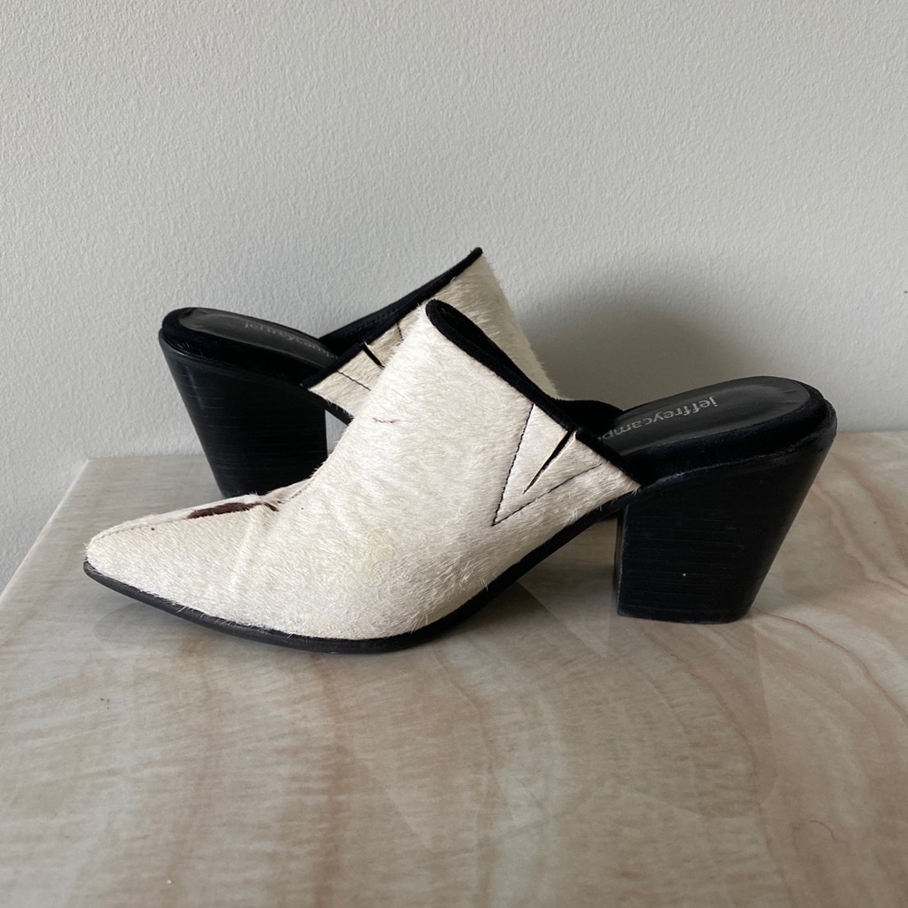 Jeffrey Campbell cowhide mules white stacked heel